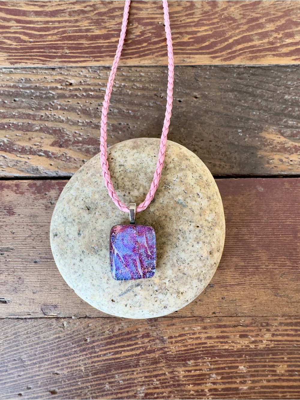 Handcrafted Pink Braided Cord Necklace with Pink and Blue Dichroic Glass Pendant